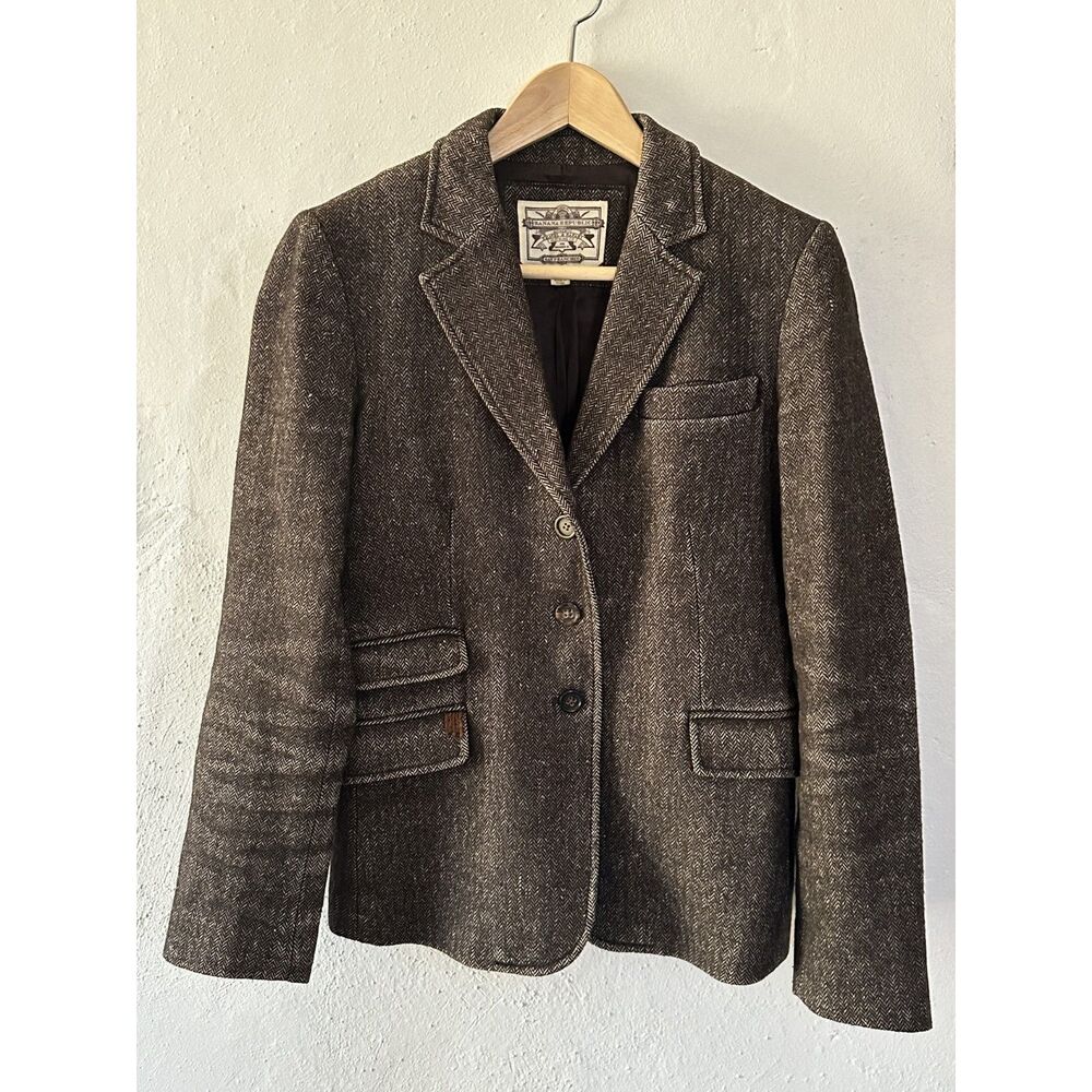 Vintage Herringbone Blazer Brown Elbow Patches Sz 6 Equestrian Dark Academia